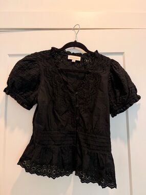 Black Eyelet Lace Button-Front Peplum Blouse